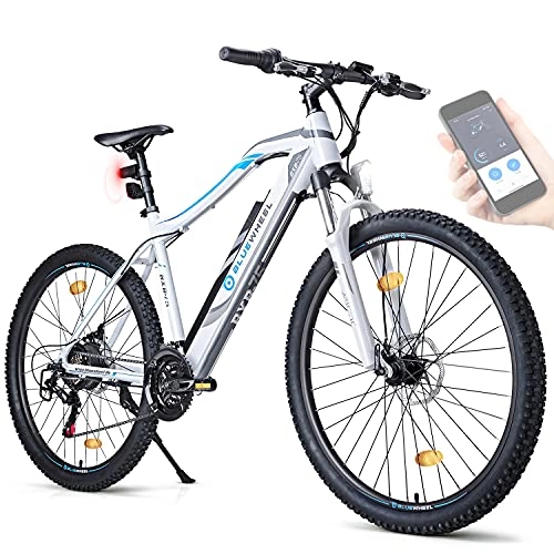 Electric Mountain Bike : BLUEWHEEL E Bike 27.5" & 29" I German Quality Brand | EU Compliant E Mountain Bike 21 Gears & Rear Wheel Motor for 25 Km / h | Bike with MTB Suspension Fork, App, LED Light & Sports Seat | BXB75