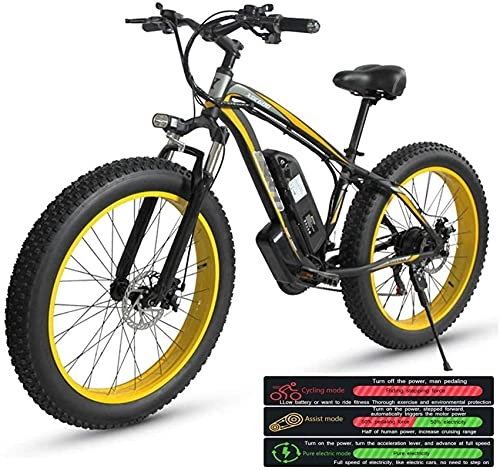 Electric Mountain Bike : Electric Mountain Bike for Adults, Electric Bike Three Working Modes, 26" Fat Tire MTB 21 Speed Gear Commute / Offroad Electric Bicycle for Men Women (Color : Yellow)