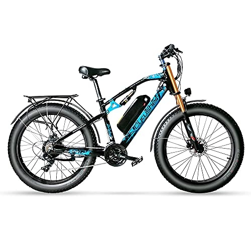 Electric Mountain Bike : Extrbici Full Suspension Mountain Snow Men's Electric Bike 48V 17AH Lithium Battery 26'' Fat Tires 21 Speed XF900 (blue)
