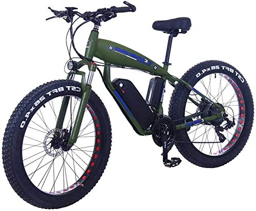 Electric Mountain Bike : Fangfang Electric Bikes, Fat Tire Electric Bicycle 48V 10Ah Lithium Battery with Shock Absorption System 26inch 21speed Adult Snow Mountain E-bikes Disc Brakes, E-Bike (Color : 15ah, Size : ArmyGreen)