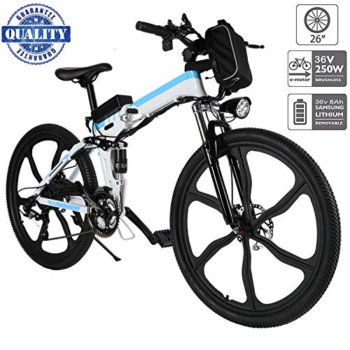 Electric Mountain Bike : fiugsed 26'' Electric Mountain Bike with Removable Large Capacity Lithium-Ion Battery (36V 250W), Electric Bike 21 Speed Gear and Three Working Modes (Upgrade White)