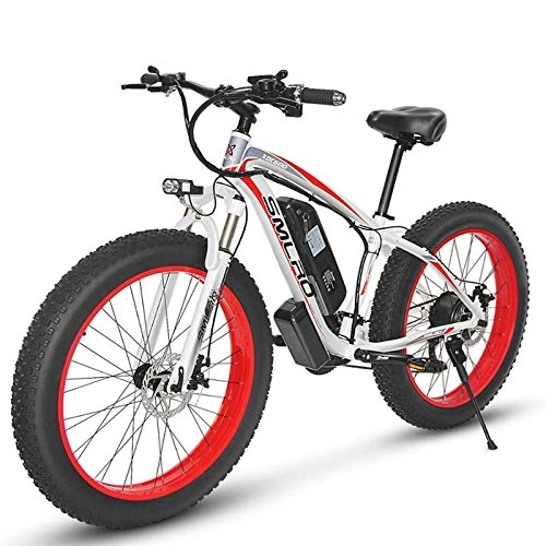 Electric Mountain Bike : JUYUN 350W Fat Tire Electric Bike, 26 inch Beach Bicycle Snow Ebike, Electric Mountain Bicycle with 48V / 15Ah Lithium Battery, Professional 21 Speed Gears, White Red