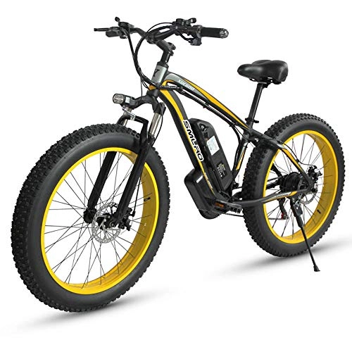 Electric Mountain Bike : Knewss Electric bicycle aluminum alloy 48V15AH lithium battery beach snowmobile 26 * 4.0 fat tire folding mountain electric bicycle-Black and yellow 48v15AH oil brake