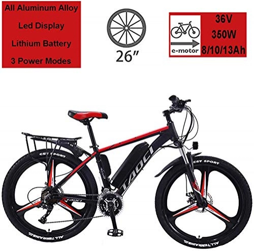 Electric Mountain Bike : KOWE Electric Bikes, Magnesium Alloy Ebikes Bicycles All Terrain, 26In Bike Suitable for Adults, 36V 350W / 13Ah Removable Lithium-Ion Battery, Black, 10AH / 65KM