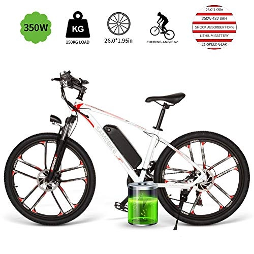 Electric Mountain Bike : LOO LA 26" Electric Bike LCD meter with Removable 8AH Battery, 21 Speed Gear Electric Bicycle for Adult, Front and rear disc brakes, Maximum speed 30km, White