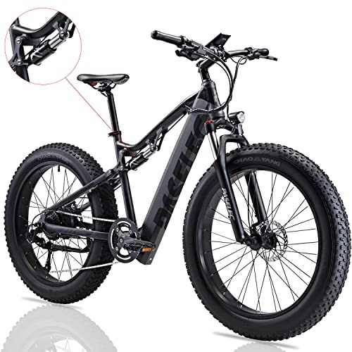 Electric Mountain Bike : PASELEC Electric Bikes for Adult, Electric Mountain Bike, 26 inch*4.0'' Fat Tire E-Bike with 48V 14.5ah Lithium Battery, 65N·m Torque Moped Cycle 7 Speed Gear Full suspension E-MTB Power Motor (Bk)