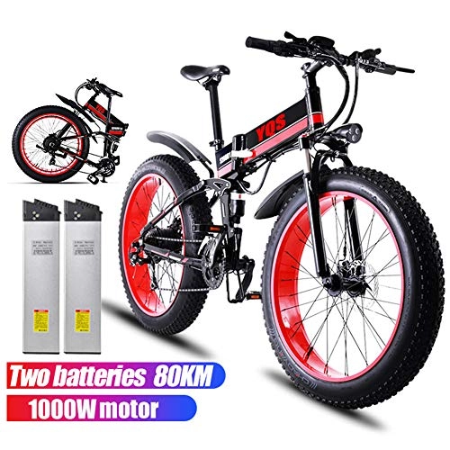 Electric Mountain Bike : Qnlly Electric Bicycle 1000W 80 KM 4.0 Fat Tire Snow Mountain bike Ebike Electric Bike Ebike 48V Electric Bicycle(2 batteries), Red