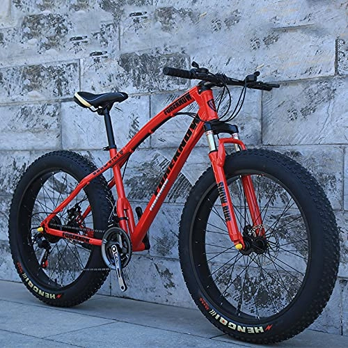 Fat Tyre Mountain Bike : 24inch Fat Tire Mountain Bike, 7 / 21 / 24 / 27 / 30 Speed MTB, High Carbon Steel Frame, Stable Disc Brake, Bold Shock Absorber Fork, Front Suspension Anti-Slip Bikes Red-24sp