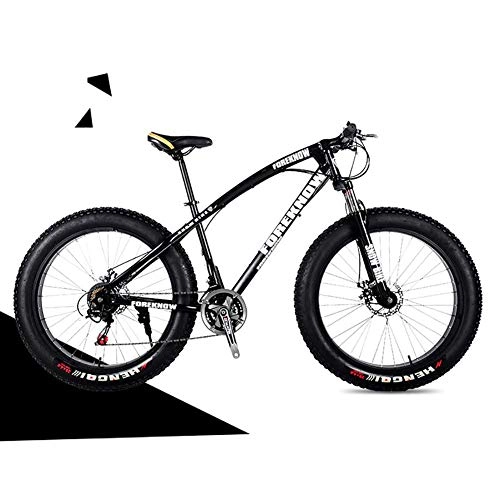 Fat Tyre Mountain Bike : 26 / 24 Inch Dual Disc Brake Mountain Snow Beach Fat Tire Variable Speed Bicycle, High Elasticity Comfortable Wide Large Saddle 21 Speed Change, Let You Ride Freely, Black, 26IN
