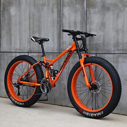 Fat Tyre Mountain Bike : 26-Inch Fat Tire Mountain Bike, High-Carbon Steel Frame, 24-Speed, Double Disc Brakes And Shock-Absorbing Forks for Men And Women, orange