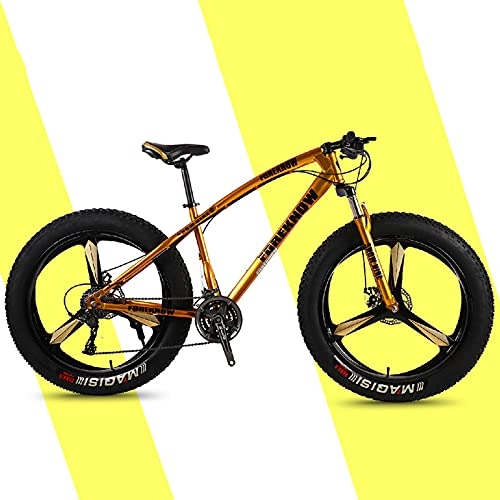 Fat Tyre Mountain Bike : 26-inch Mens Fat Tire Mountain Bike, High Carbon Steel Frame, 21-Speed, 3-spoke Wheels, Stable Disc Brake, Multi-Colors Gold-24sp