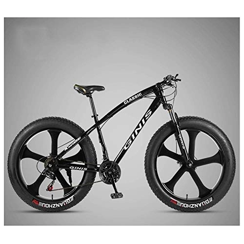 Fat Tyre Mountain Bike : 26 Inch Mountain Bicycle, High-carbon Steel Frame Fat Tire Mountain Trail Bike, Men's Womens Hardtail Mountain Bike with Dual Disc Brake, Black, 27 Speed 5 Spoke