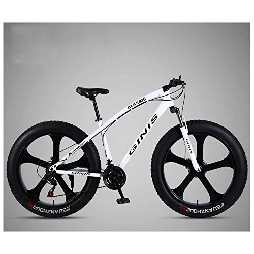 Fat Tyre Mountain Bike : 26 Inch Mountain Bicycle, High-carbon Steel Frame Fat Tire Mountain Trail Bike, Men's Womens Hardtail Mountain Bike with Dual Disc Brake, White, 30 Speed 5 Spoke