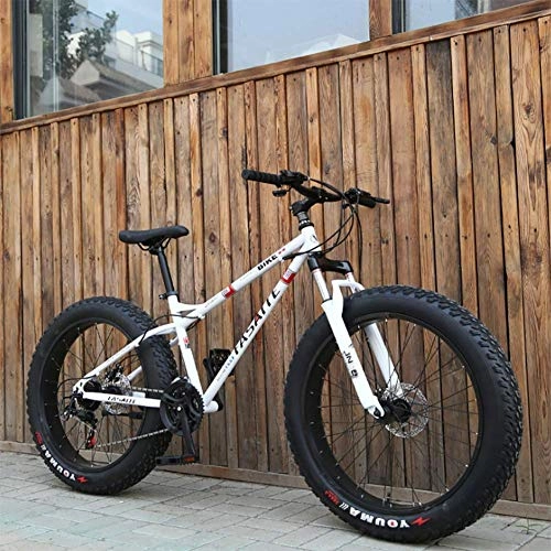 Fat Tyre Mountain Bike : 26 inch snow bike double disc brake bike with variable speed 4.0 aluminum alloy super thick rim snow bike full shock Adult Fat Tire Road Speed black HRTT (Color : White)