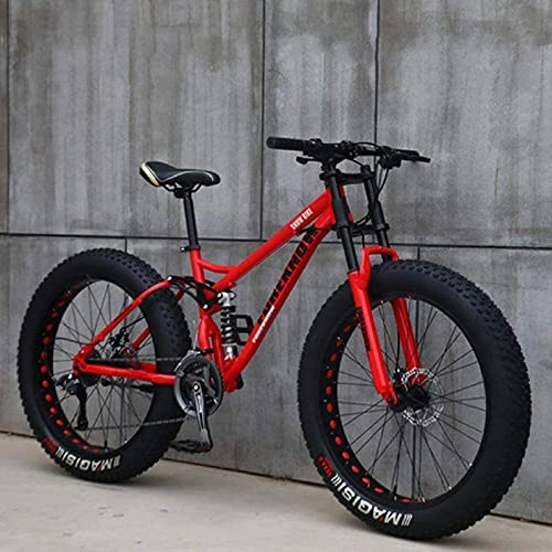 Fat Tyre Mountain Bike : 26" Mountain Bikes, 24 Speed Bicycle, Adult Fat Tire Mountain Trail Bike, High-Carbon Steel Frame Dual Full Suspension Dual Disc Brake red