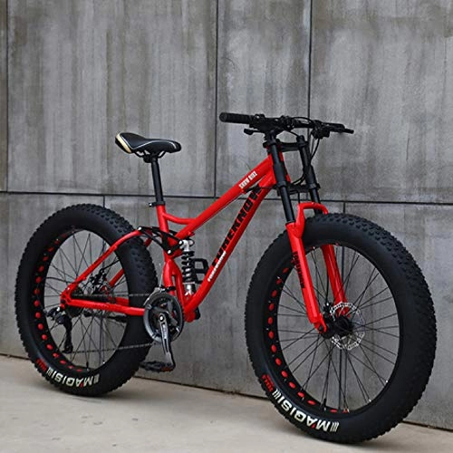 Fat Tyre Mountain Bike : Adult Mountain Bike, 26-Inch Wheel 7 Speed Double Disc Brake Bicycle Suspension Fork Rear Anti-Slip Road Bike for Adult Or Teens, red