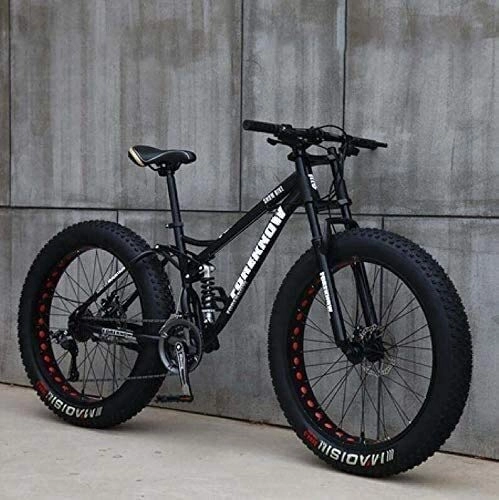 Fat Tyre Mountain Bike : Adult Mountain Bikes, 24 Inch Fat Tire Hardtail Mountain Bike, Dual Suspension Frame and Suspension Fork All Terrain Mountain Bike (Color : Black, Size : 7 Speed)