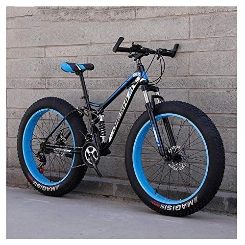 Fat Tyre Mountain Bike : Adult Mountain Bikes, Fat Tire Dual Disc Brake Hardtail Mountain Bike, Big Wheels Bicycle, High-carbon Steel Frame, Blue, 24 Inch 21 Speed