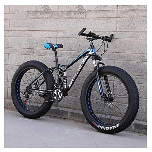Fat Tyre Mountain Bike : Adult Mountain Bikes, Fat Tire Dual Disc Brake Hardtail Mountain Bike, Big Wheels Bicycle, High-carbon Steel Frame, New Blue, 24 Inch 27 Speed