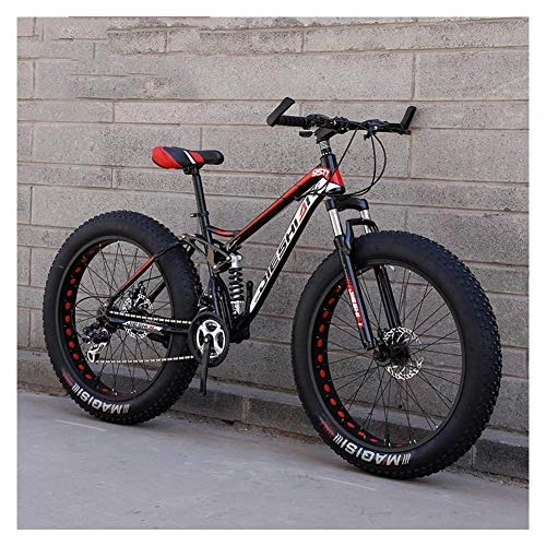 Fat Tyre Mountain Bike : Adult Mountain Bikes, Fat Tire Dual Disc Brake Hardtail Mountain Bike, Big Wheels Bicycle, High-carbon Steel Frame, New Red, 24 Inch 21 Speed
