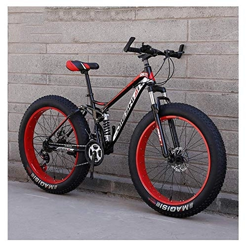 Fat Tyre Mountain Bike : Adult Mountain Bikes, Fat Tire Dual Disc Brake Hardtail Mountain Bike, Big Wheels Bicycle, High-carbon Steel Frame, Red, 26 Inch 21 Speed