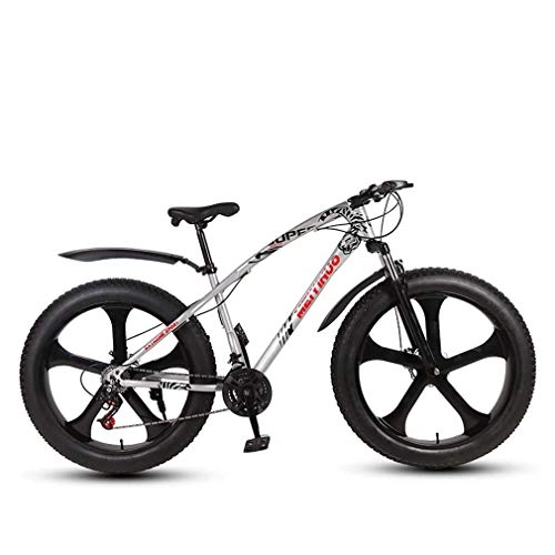 Fat Tyre Mountain Bike : ALQN Adult Mens Fat Tire Mountain Bike, Variable Speed Snow Beach Bikes, Double Disc Brake Cruiser Bicycle, 26 inch Magnesium Alloy Integrated Wheels, Silver, 27 Speed