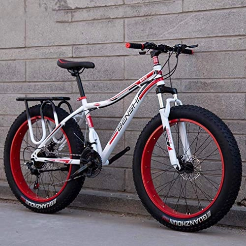Fat Tyre Mountain Bike : Alqn Mens Fat Tire Mountain Bike, Beach Snow Bike, Double Disc Brake Cruiser Bikes, Lightweight High-Carbon Steel Frame Bicycle, 24 inch Wheels, Red, 7 Speed