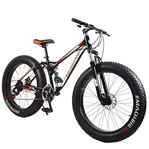 Fat Tyre Mountain Bike : ALQN Mountain Bike, 21Speed Fat Tire Mountain Bicycle, Dual Suspension Frame and High Carbon Steel Frame, Double Disc Brake, 26 inch Wheels, Black red