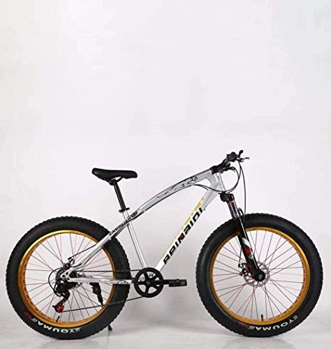 Fat Tyre Mountain Bike : baozge 24 inch Adult Fat Tire Mountain Bike Double Disc Brake Snow Bicycle High-Carbon Steel Frame Cruiser Bikes Mens Aluminum Alloy Rims Wheels Beach Bicycles White 7 Speed-7 speed_Silver