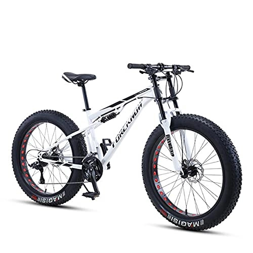 Fat Tyre Mountain Bike : DANYCU 26 Inch Mountain Bike for Mens, 4.0 Inch Fat Tire Anti-Slip Bike, Off-Road Variable Speed Bicycle, High-Carbon Steel Soft Tail Frame, Dual Disc Brake, White, 7 speed