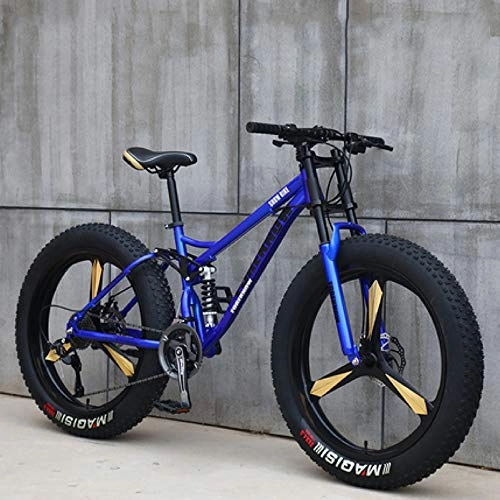 Fat Tyre Mountain Bike : DelongKe Mountain Bike Adult, Mountain Bike 26 Inch, Fat Tire Mountain Bike, Dual Suspension Frame And Suspension Fork All Terrain Mountain Bike, 27Speed, Blue, Three cutter wheel