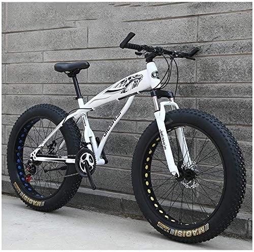 Fat Tyre Mountain Bike : Ding Adult Mountain Bikes, Boys Girls Fat Tire Mountain Trail Bike, Dual Disc Brake Hardtail Mountain Bike, High-carbon Steel Frame, Bicycle (Color : White B, Size : 26 Inch 21 Speed)