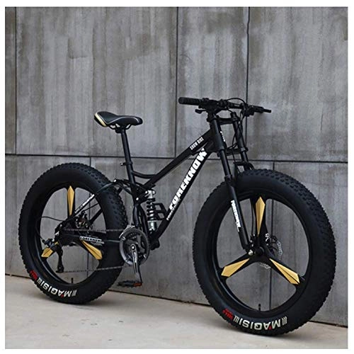 Fat Tyre Mountain Bike : DLC Fat Tire Hardtail Mountain Bike 26 inch for Men and Women, Dual-Suspension Adult Mountain Trail Bikes, All Terrain Bicycle with Adjustable Seat &Amp; Dual Disc Brake, Black 3 Spokes, 27 Speed