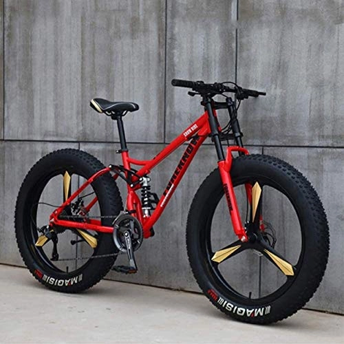 Fat Tyre Mountain Bike : FANLIU Mountain Bikes, 26 Inch Fat Tire Hardtail Mountain Bike, Dual Suspension Frame and Suspension Fork All Terrain Mountain Bike (Color : 21 Speed, Size : Red 3 Spoke)