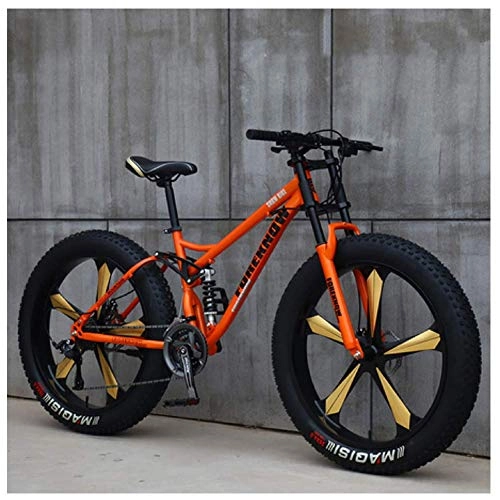 Fat Tyre Mountain Bike : FHKBK Fat Tire Hardtail Mountain Bike 26 Inch for Men and Women, Dual-Suspension Adult Mountain Trail Bikes, All Terrain Bicycle with Adjustable Seat & Dual Disc Brake, Orange 5 Spokes, 24 Speed