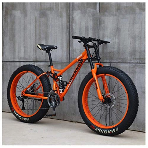 Fat Tyre Mountain Bike : FHKBK Fat Tire Hardtail Mountain Bike 26 Inch for Men and Women, Dual-Suspension Adult Mountain Trail Bikes, All Terrain Bicycle with Adjustable Seat & Dual Disc Brake, Orange Spokes, 27 Speed