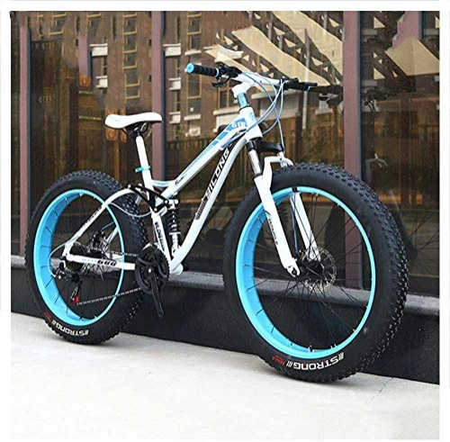 Fat Tyre Mountain Bike : giyiohok Dual-Suspension Mountain Bikes with Dual Disc Brake for Adults Men Women All Terrain Anti-Slip Fat Tire Mountain Bicycle High-carbon Steel Mountain-24 Inch 24 Speed_White Blue