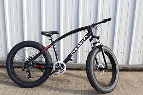Fat Tyre Mountain Bike : JHI Fat Bike Insanity Black With Black Extreme 26" X 4" wheels Bicycle with 7 Shimano Gears