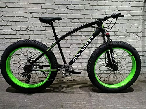 Fat Tyre Mountain Bike : JHI Fat Bike Insanity Black With Green Extreme 26" X 4" wheels Bicycle with 7 Shimano Gears