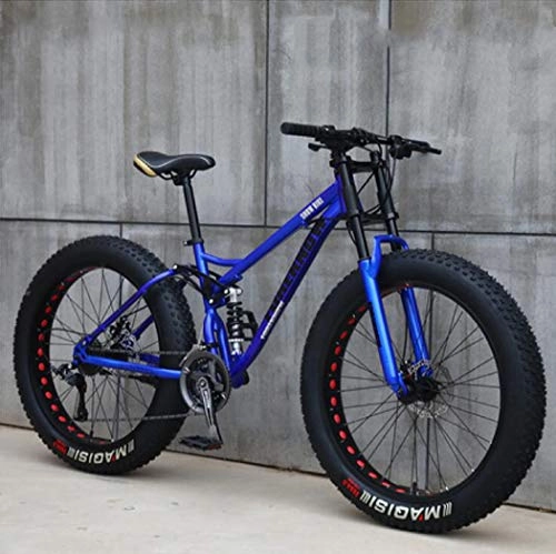 Fat Tyre Mountain Bike : Langlin 24" / 26" Mountain Bike Bicycle for Adult Teen High Carbon Steel Frame Soft Tail Dual Suspension Double Disc Brake Beach Snowmobile All Terrain MTB, blue, 24" 27 speed