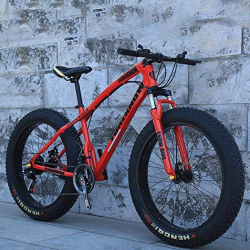 Fat Tyre Mountain Bike : Langlin 26 Inch Hardtail Mountain Bike for Adults High Carbon Steel Frame Full Suspension Spring Fork Double Disc Brake Beach Snow Fat Tire Bike, red, 26" 21 speed