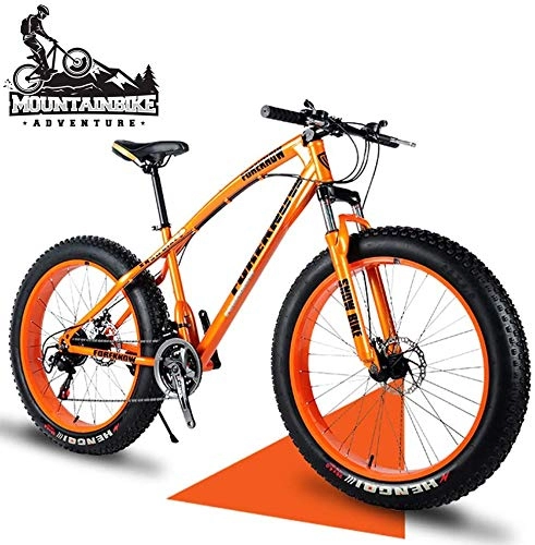 Fat Tyre Mountain Bike : LBYLYH 26 Inch Hardtail Mtb With Front Suspension Disc Brakes, Adult Mountain Bike Men Women, Unisex Fat Tire Bicycle Frames Made Of Carbon Steel, Orange Spoke, 24 Speed