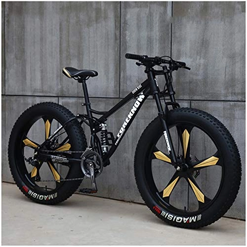 Fat Tyre Mountain Bike : Liu Yue Adult 26 Inch Mountain Bikes, Men's Womens Fat Tire Dual-Suspension Mountain Bike, Dual Disc Brake Mountain Bicycle, High-carbon Steel Frame, Black 5 Spokes, 7 Speed