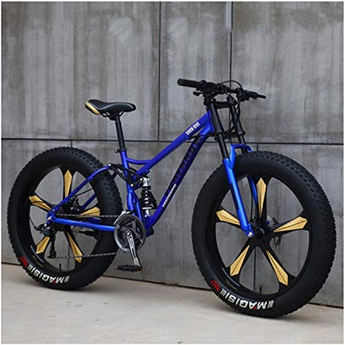Fat Tyre Mountain Bike : Liu Yue Adult 26 Inch Mountain Bikes, Men's Womens Fat Tire Dual-Suspension Mountain Bike, Dual Disc Brake Mountain Bicycle, High-carbon Steel Frame, Blue 5 Spokes, 27 Speed