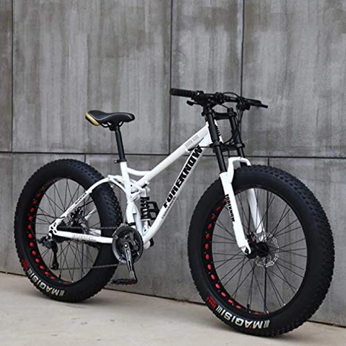 Fat Tyre Mountain Bike : LJ Bicycle, 24 inch Fat Tire Mountain Bike, Beach Snow Bikes, Double Disc Brake Cruiser Bicycle, Aluminum Alloy Wheels Lightweight High-Carbon Steel Frame, Red, 24 Speed, White, 7 Speed