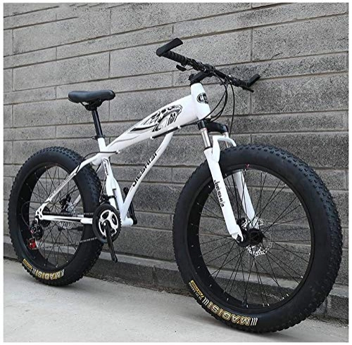 Fat Tyre Mountain Bike : LYQZ Sturdy Adult Mountain Bikes, Boys Girls Fat Tire Mountain Trail Bike, Dual Disc Brake Hardtail Mountain Bike, High-carbon Steel Frame, Bicycle (Color : White a, Size : 24 Inch 21 Speed)