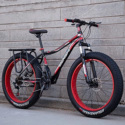 Fat Tyre Mountain Bike : LZHi1 24 Inch 27 Speed Fat Tire Men Mountain Bike, Aldult Mountain Trail Bike With Suspension Fork And Dual Disc Brakes, Outdoor Beach Snow Bike(Color:Black red)