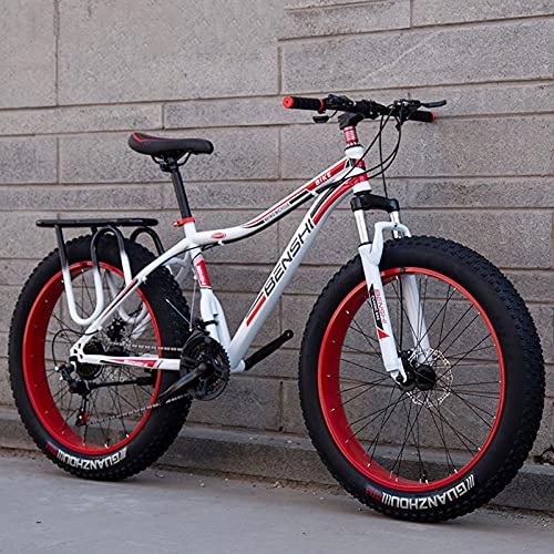 Fat Tyre Mountain Bike : LZHi1 24 Inch 27 Speed Fat Tire Men Mountain Bike, Aldult Mountain Trail Bike With Suspension Fork And Dual Disc Brakes, Outdoor Beach Snow Bike(Color:White red)
