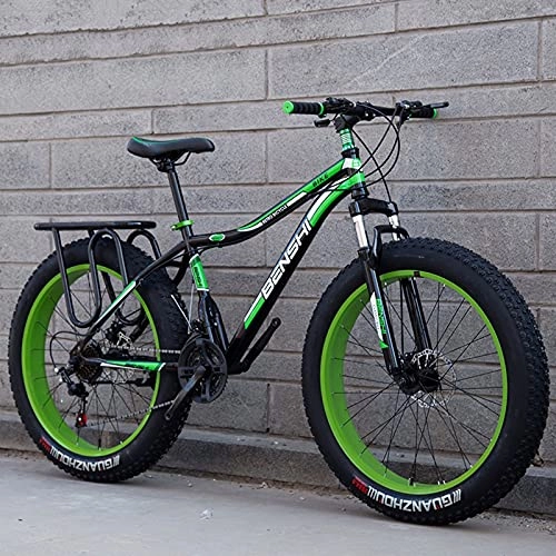 Fat Tyre Mountain Bike : LZHi1 24 Inch Fat Tire Men Mountain Bike, 27 Speed Suspension Fork Mountain Trail Bike With Dual Disc Brakes, High Carbon Steel Outdoor Adult Bikes For Beach Snow(Color:Black green)