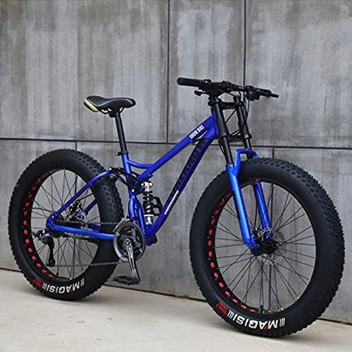 Fat Tyre Mountain Bike : LZHi1 26 Inch 27 Speed Full Suspension Men Mountain Bike, Adult Mountain Bikes With Dual Disc Brakes, High Carbon Steel Beach Snow Road Bike With Adjustable Seat(Color:Blue)
